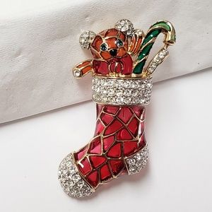 Holiday Stocking Crystal Brooch Pin